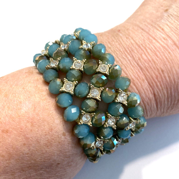 Beaded Stretch Bracelet Thick Aqua Blue Green Faceted beads & white rhinestones - Picture 6 of 7